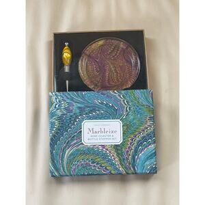 Marbleized Wine Coaster & Bottle Stopper Two's Company Set  4.5"